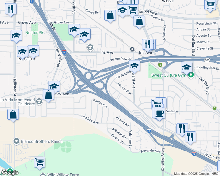 map of restaurants, bars, coffee shops, grocery stores, and more near 1372 West San Ysidro Boulevard in San Diego
