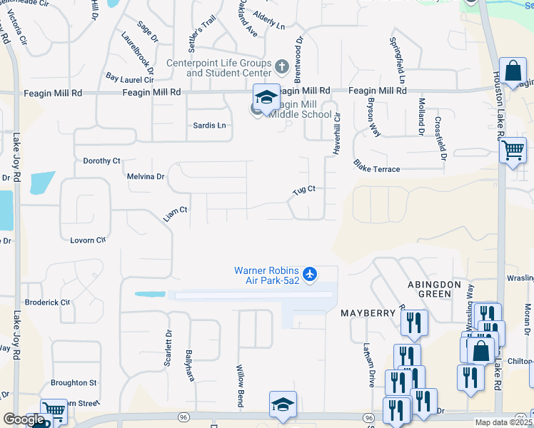 map of restaurants, bars, coffee shops, grocery stores, and more near 409 Tug Court in Warner Robins