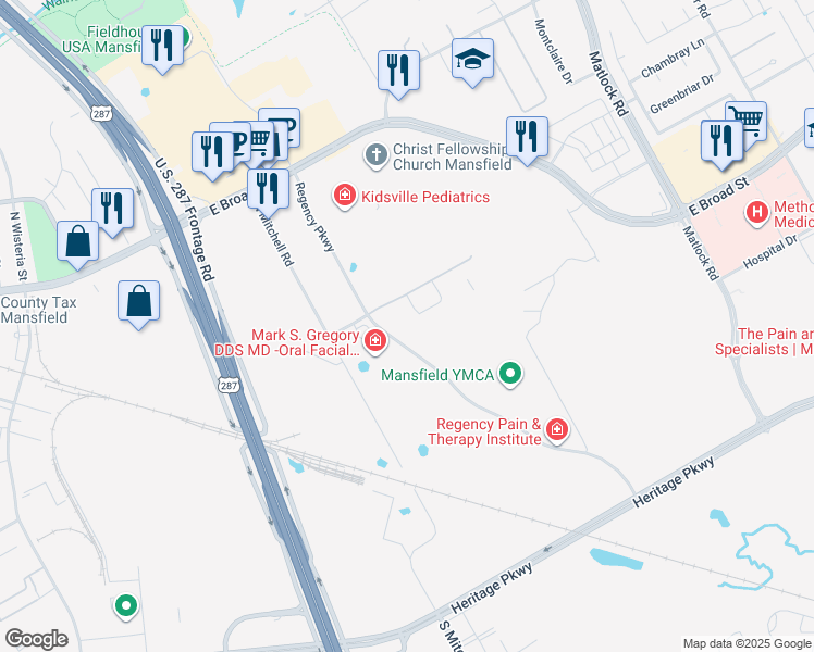 map of restaurants, bars, coffee shops, grocery stores, and more near 140 Regency Parkway in Mansfield
