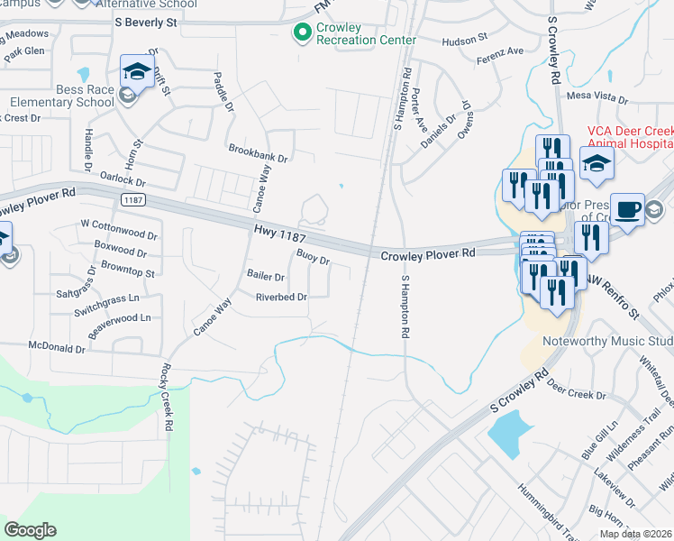 map of restaurants, bars, coffee shops, grocery stores, and more near 1100 Tacks Lane in Crowley