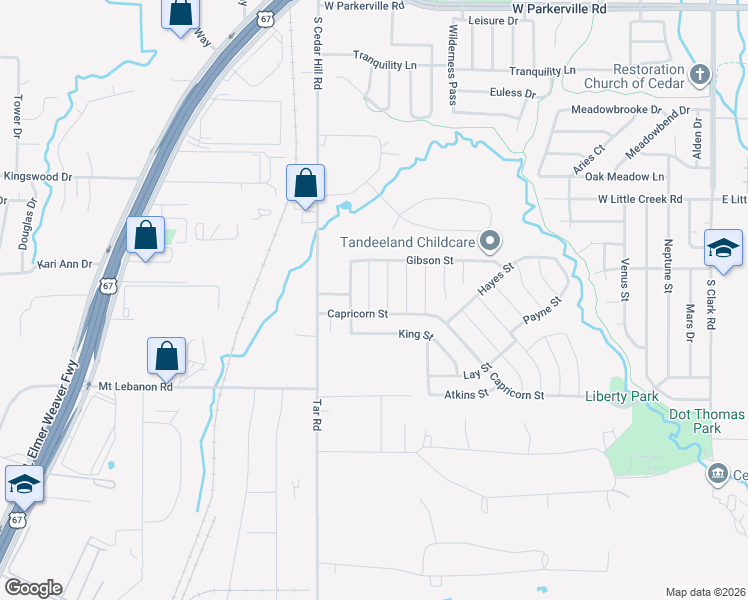 map of restaurants, bars, coffee shops, grocery stores, and more near 1228 Cathey Street in Cedar Hill