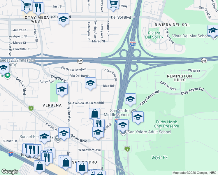 map of restaurants, bars, coffee shops, grocery stores, and more near 129 Diza Road in San Diego