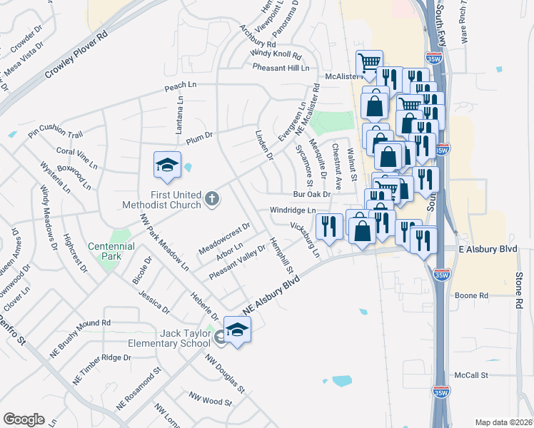 map of restaurants, bars, coffee shops, grocery stores, and more near 714 Windridge Lane in Burleson