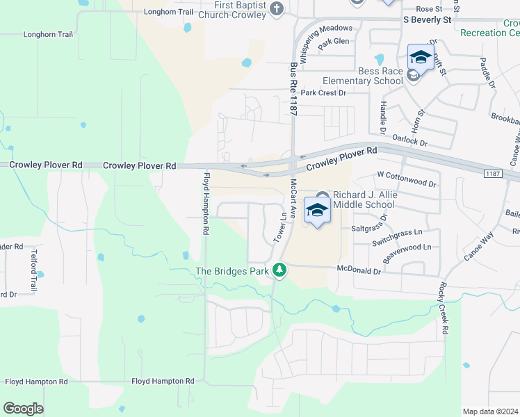 map of restaurants, bars, coffee shops, grocery stores, and more near 4129 Tower Lane in Crowley