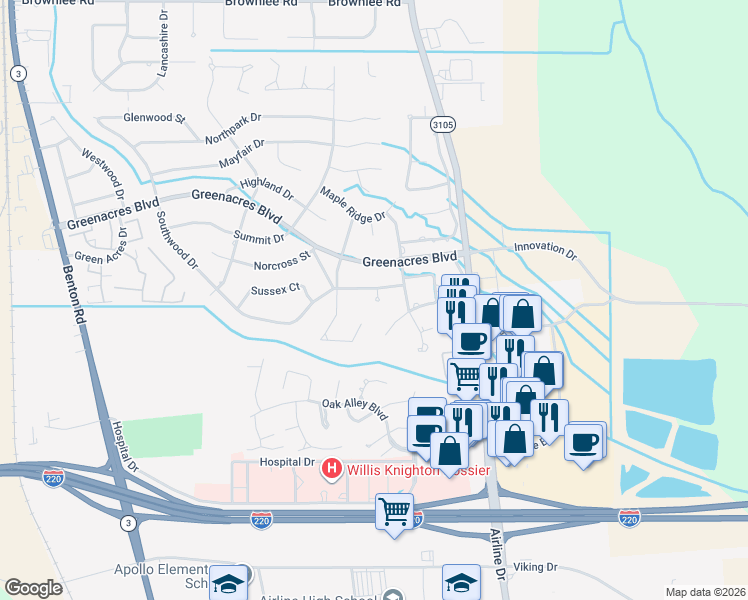 map of restaurants, bars, coffee shops, grocery stores, and more near 103 Ashley Circle in Bossier City