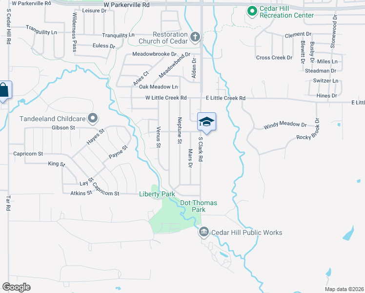map of restaurants, bars, coffee shops, grocery stores, and more near 1211 Neptune Drive in Cedar Hill