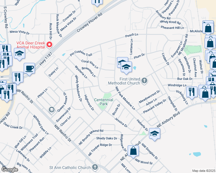 map of restaurants, bars, coffee shops, grocery stores, and more near 412 Blue Star Court in Burleson