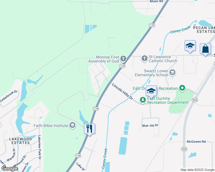 map of restaurants, bars, coffee shops, grocery stores, and more near 1389 Highway 139 in Monroe
