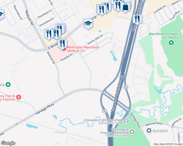 map of restaurants, bars, coffee shops, grocery stores, and more near 240 Miller Road in Mansfield