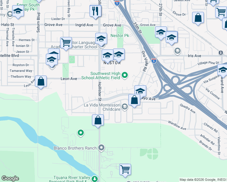 map of restaurants, bars, coffee shops, grocery stores, and more near 2320 Tocayo Avenue in San Diego