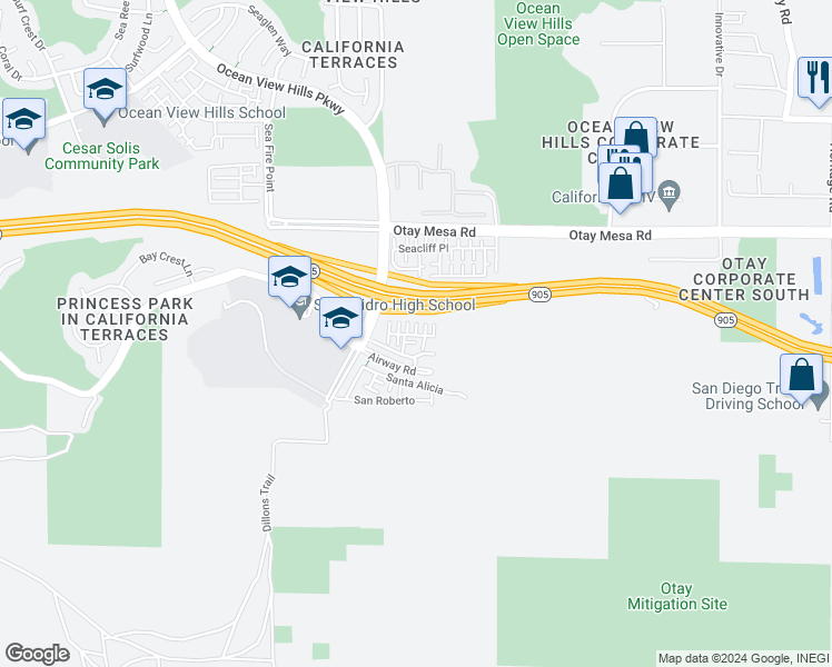 map of restaurants, bars, coffee shops, grocery stores, and more near 1594 San Miguelito in San Diego