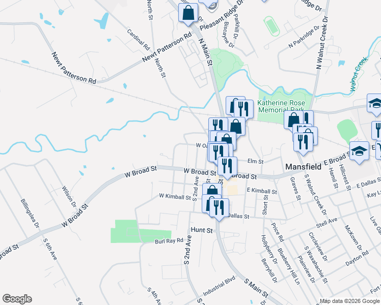 map of restaurants, bars, coffee shops, grocery stores, and more near 108 North 3rd Avenue in Mansfield