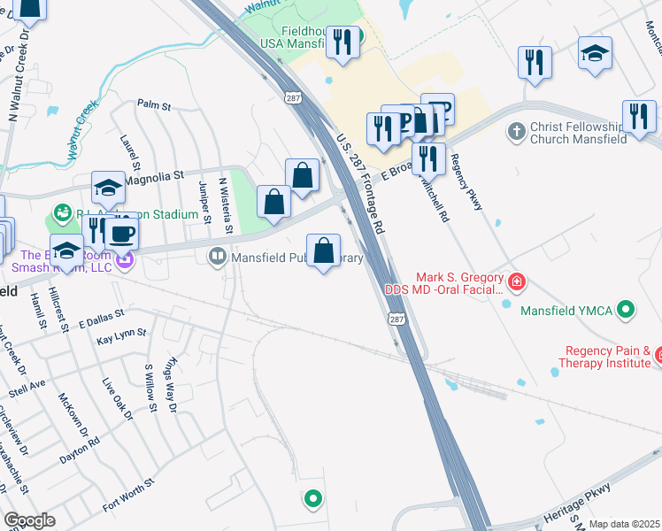 map of restaurants, bars, coffee shops, grocery stores, and more near 120 U.S. 287 Frontage Road in Mansfield