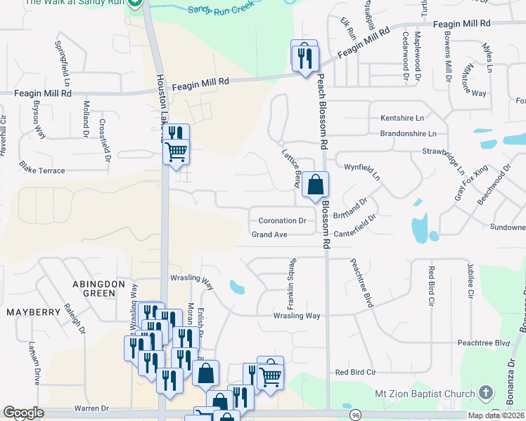 map of restaurants, bars, coffee shops, grocery stores, and more near 325 Grand Avenue in Warner Robins