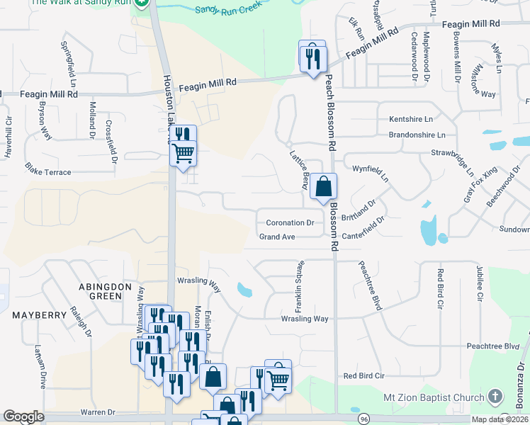map of restaurants, bars, coffee shops, grocery stores, and more near 325 Grand Avenue in Warner Robins