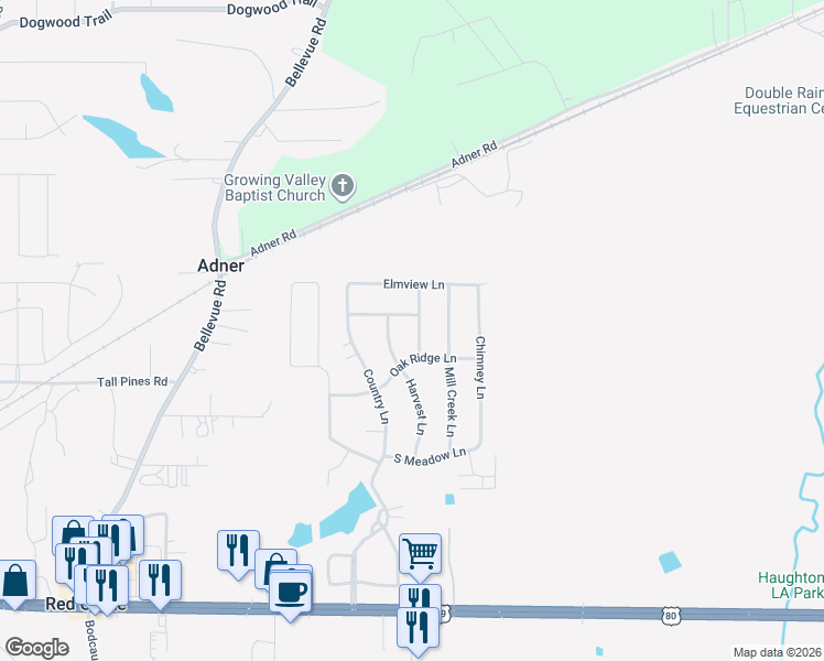 map of restaurants, bars, coffee shops, grocery stores, and more near 207 Sherwood Lane in Haughton