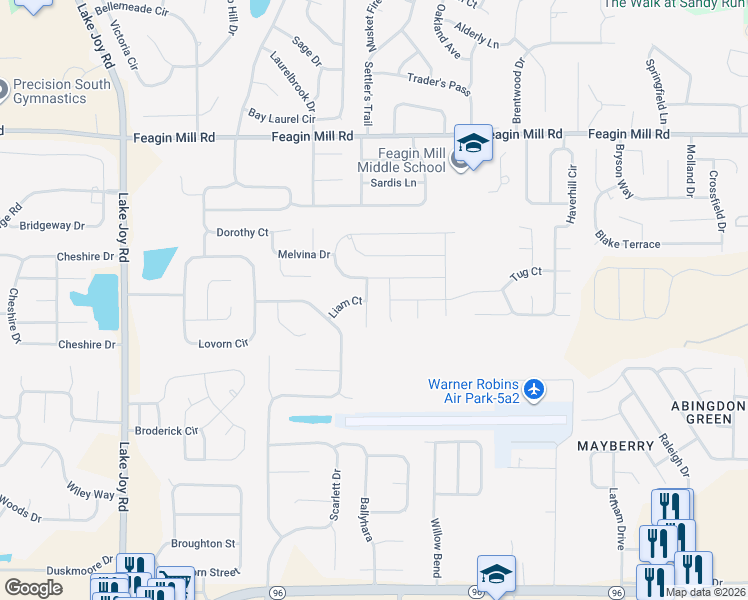 map of restaurants, bars, coffee shops, grocery stores, and more near 106 Apple Court in Warner Robins