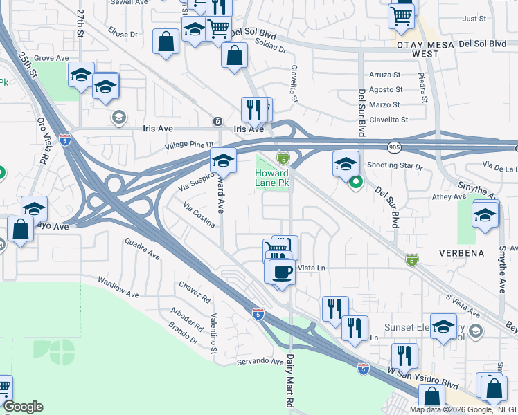 map of restaurants, bars, coffee shops, grocery stores, and more near 3053 Tequila Way in San Diego