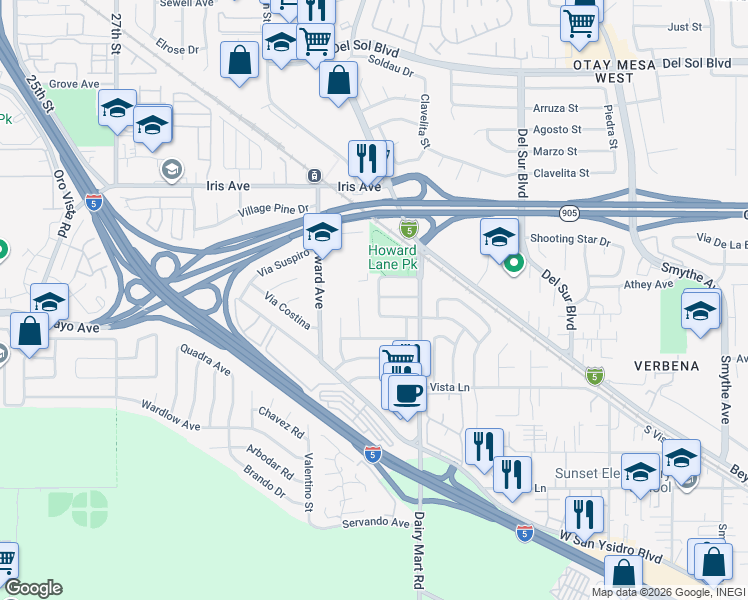 map of restaurants, bars, coffee shops, grocery stores, and more near 3053 Tequila Way in San Diego