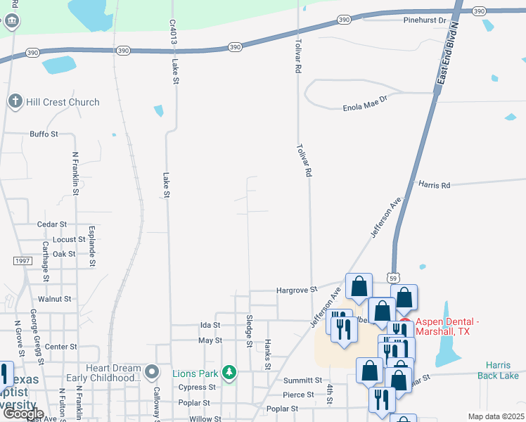 map of restaurants, bars, coffee shops, grocery stores, and more near 2312 Sledge Street in Marshall