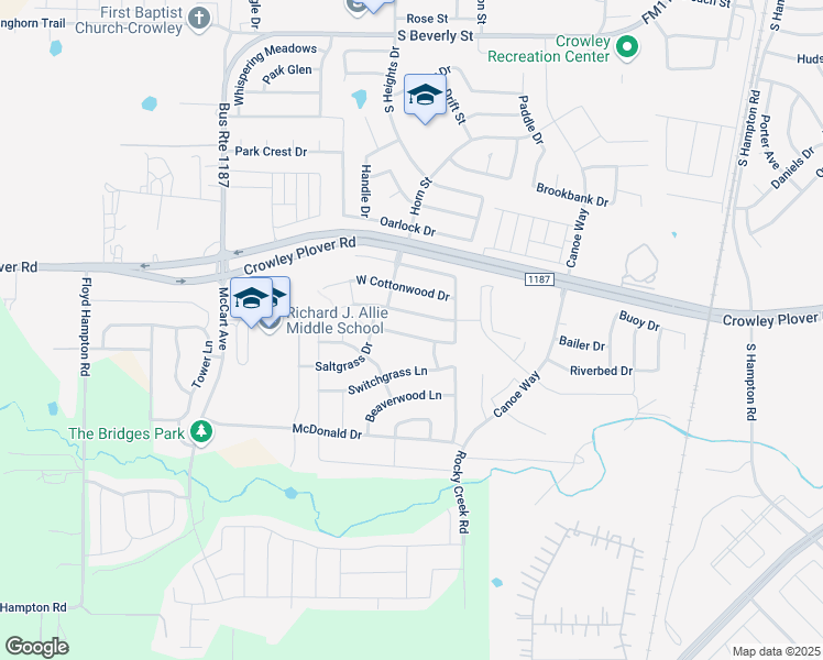 map of restaurants, bars, coffee shops, grocery stores, and more near 1136 Browntop Street in Crowley