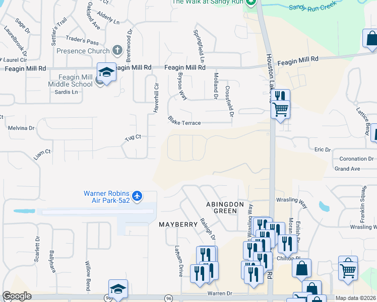 map of restaurants, bars, coffee shops, grocery stores, and more near 121 Blake Terrace in Warner Robins