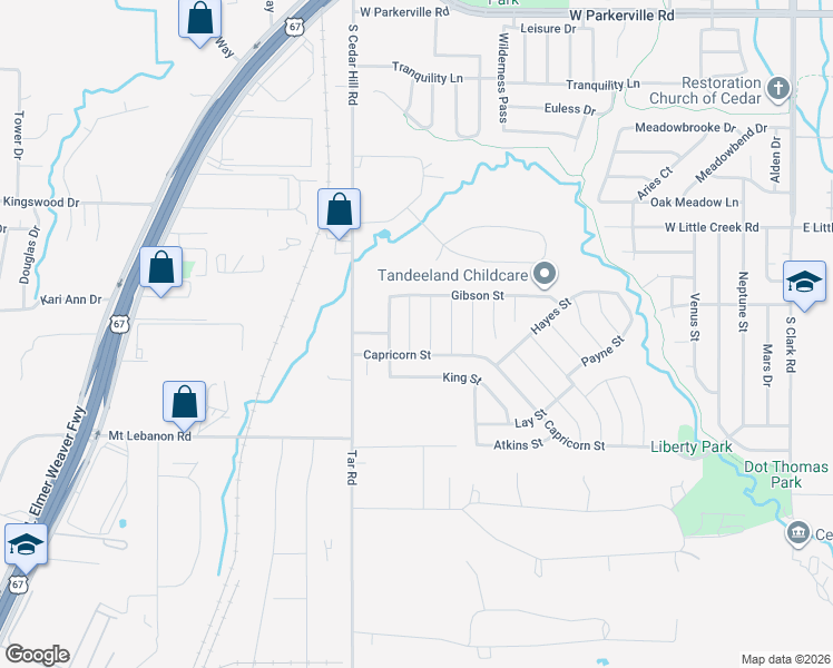 map of restaurants, bars, coffee shops, grocery stores, and more near 1224 Cathey St in Cedar Hill