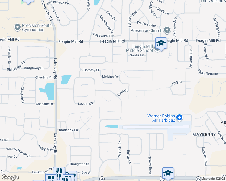 map of restaurants, bars, coffee shops, grocery stores, and more near 606 Twelve Oaks Drive in Warner Robins
