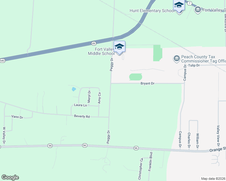 map of restaurants, bars, coffee shops, grocery stores, and more near 458 Peggy Drive in Fort Valley