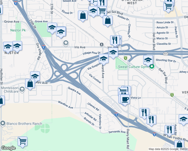 map of restaurants, bars, coffee shops, grocery stores, and more near 2820 Corte Cafetal in San Diego