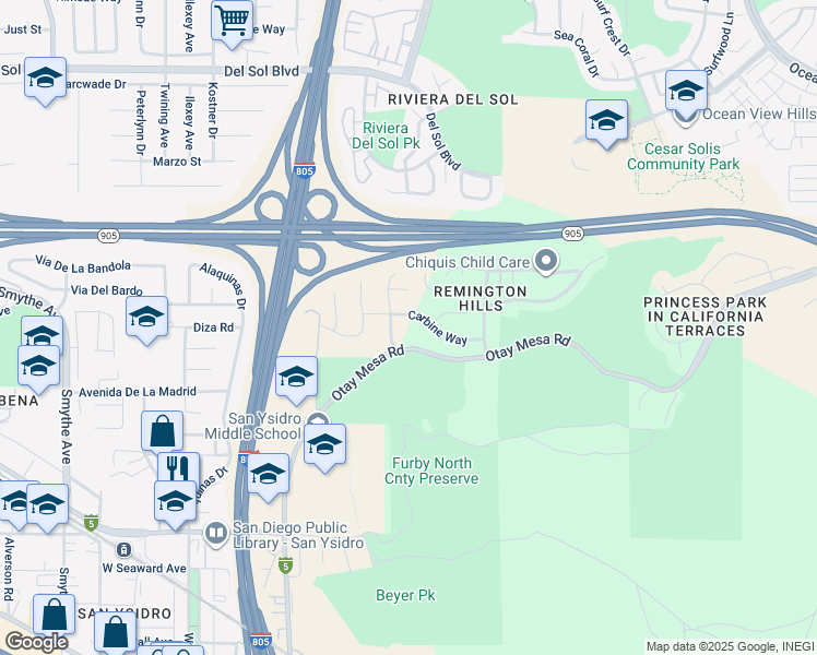map of restaurants, bars, coffee shops, grocery stores, and more near 4723 Carbine Way in San Diego