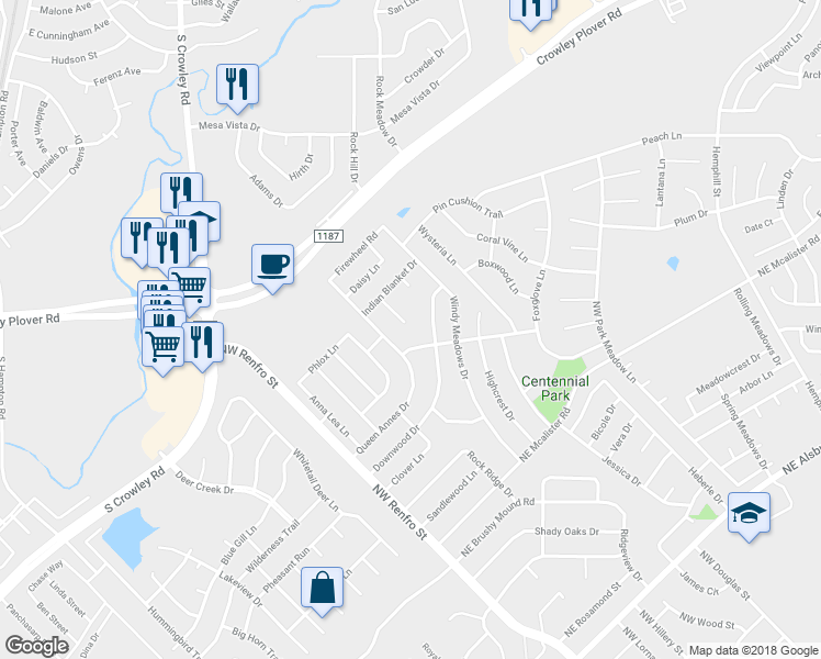 map of restaurants, bars, coffee shops, grocery stores, and more near 1400 Paint Brush Court in Burleson
