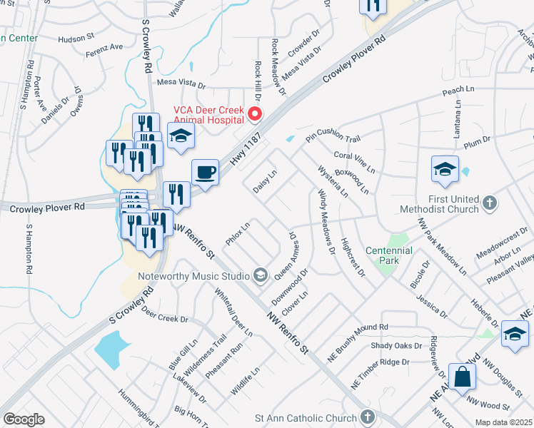 map of restaurants, bars, coffee shops, grocery stores, and more near 1423 Queen Annes Drive in Burleson