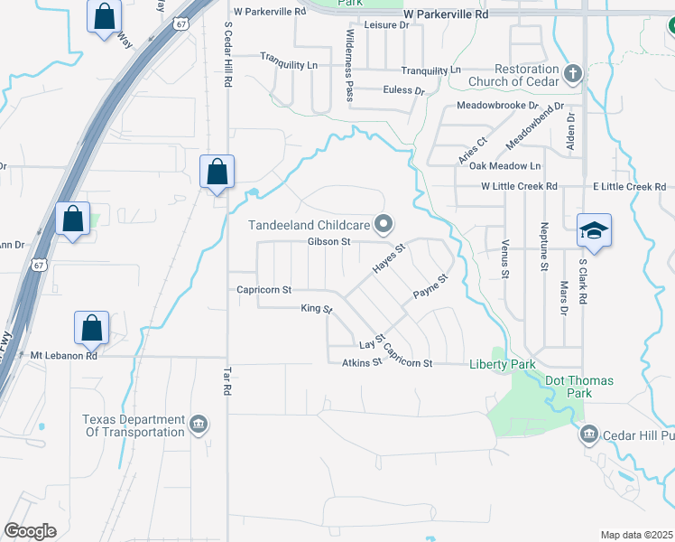 map of restaurants, bars, coffee shops, grocery stores, and more near 1225 Crabtree Court in Cedar Hill