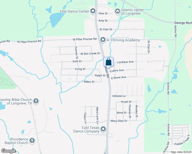 map of restaurants, bars, coffee shops, grocery stores, and more near 204 Ralph Street in Longview