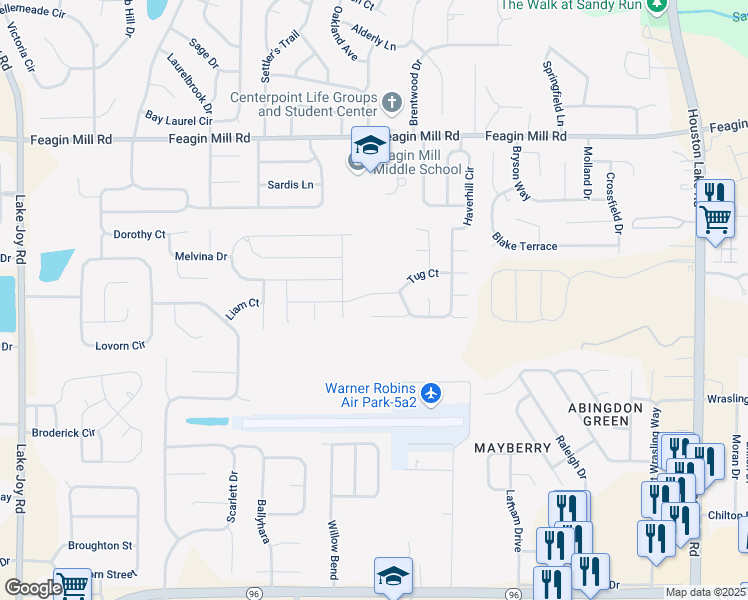 map of restaurants, bars, coffee shops, grocery stores, and more near 409 Tug Court in Warner Robins