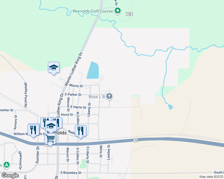 map of restaurants, bars, coffee shops, grocery stores, and more near 26 North Lashley Street in Reynolds