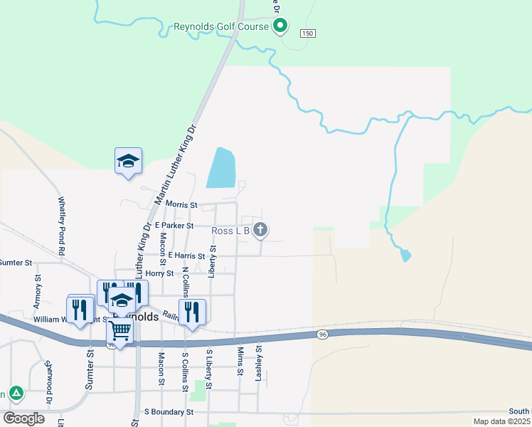 map of restaurants, bars, coffee shops, grocery stores, and more near 26 North Lashley Street in Reynolds