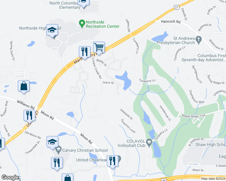 map of restaurants, bars, coffee shops, grocery stores, and more near 8073 Adelaide Drive in Columbus