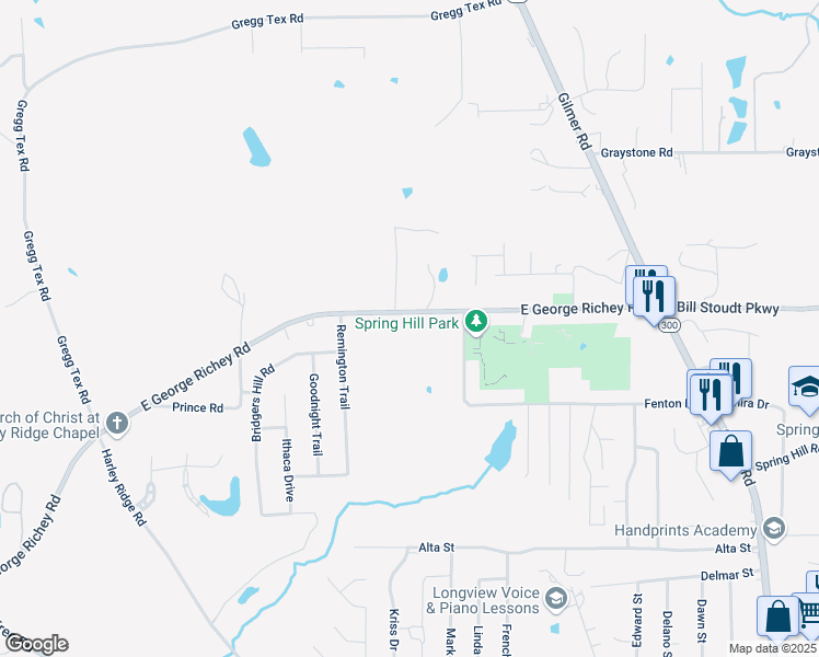 map of restaurants, bars, coffee shops, grocery stores, and more near 2309 Farm to Market Road 2275 in Longview