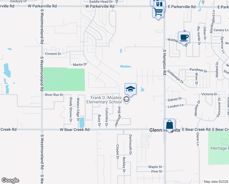 map of restaurants, bars, coffee shops, grocery stores, and more near 305 Harvard Drive in Glenn Heights