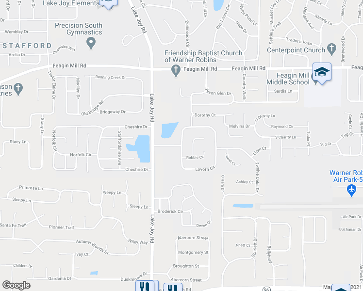 map of restaurants, bars, coffee shops, grocery stores, and more near Lovorn Circle in Warner Robins