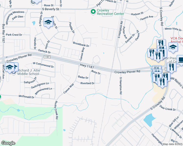 map of restaurants, bars, coffee shops, grocery stores, and more near 1104 Port Way in Crowley