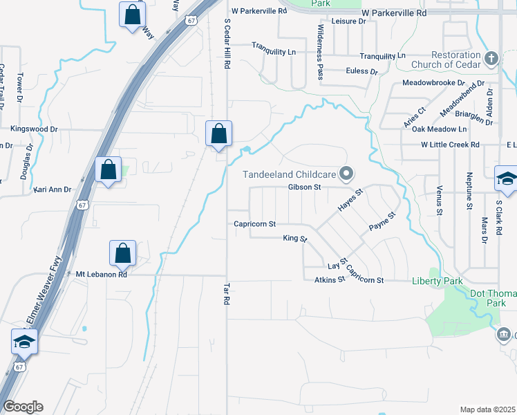 map of restaurants, bars, coffee shops, grocery stores, and more near 1224 Cathey Street in Cedar Hill