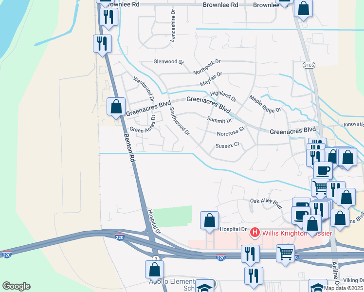 map of restaurants, bars, coffee shops, grocery stores, and more near 3636 Greenacres Boulevard in Bossier City
