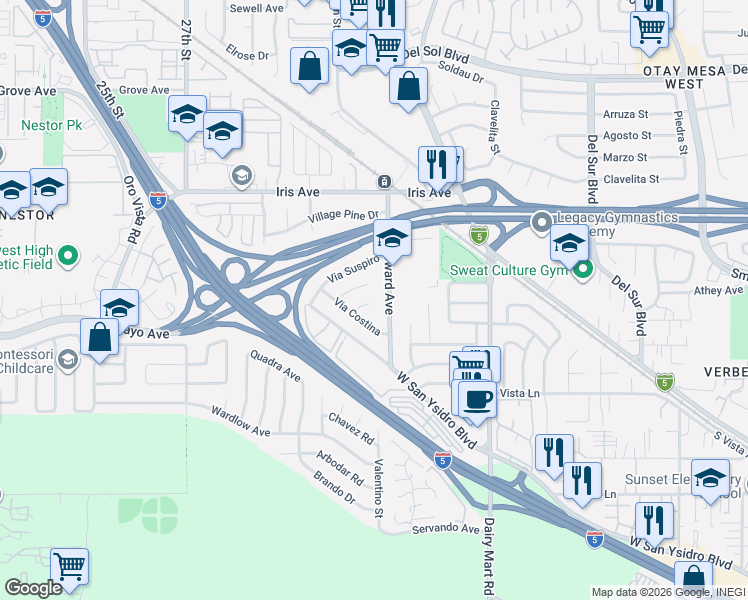 map of restaurants, bars, coffee shops, grocery stores, and more near 2880 Corte Cafetal in San Diego