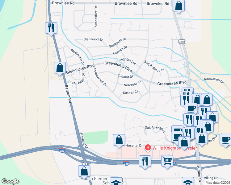 map of restaurants, bars, coffee shops, grocery stores, and more near 102 Parklane Drive in Bossier City