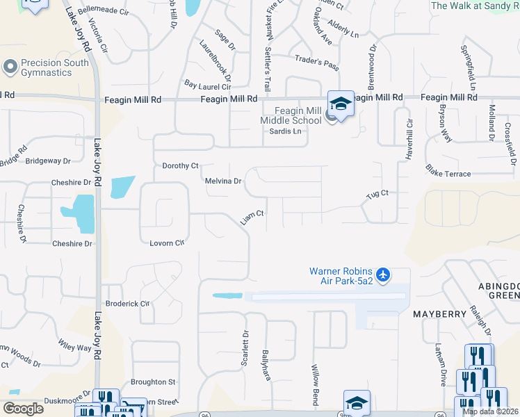 map of restaurants, bars, coffee shops, grocery stores, and more near 106 Apple Court in Warner Robins
