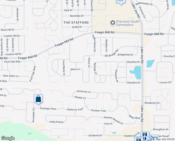 map of restaurants, bars, coffee shops, grocery stores, and more near 223 Stacy Lane in Warner Robins
