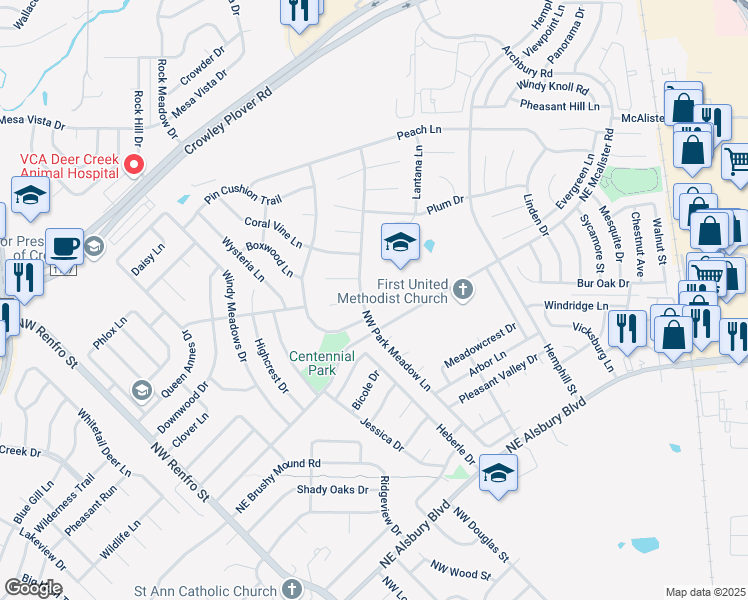 map of restaurants, bars, coffee shops, grocery stores, and more near 1150 Northwest Park Meadow Lane in Burleson